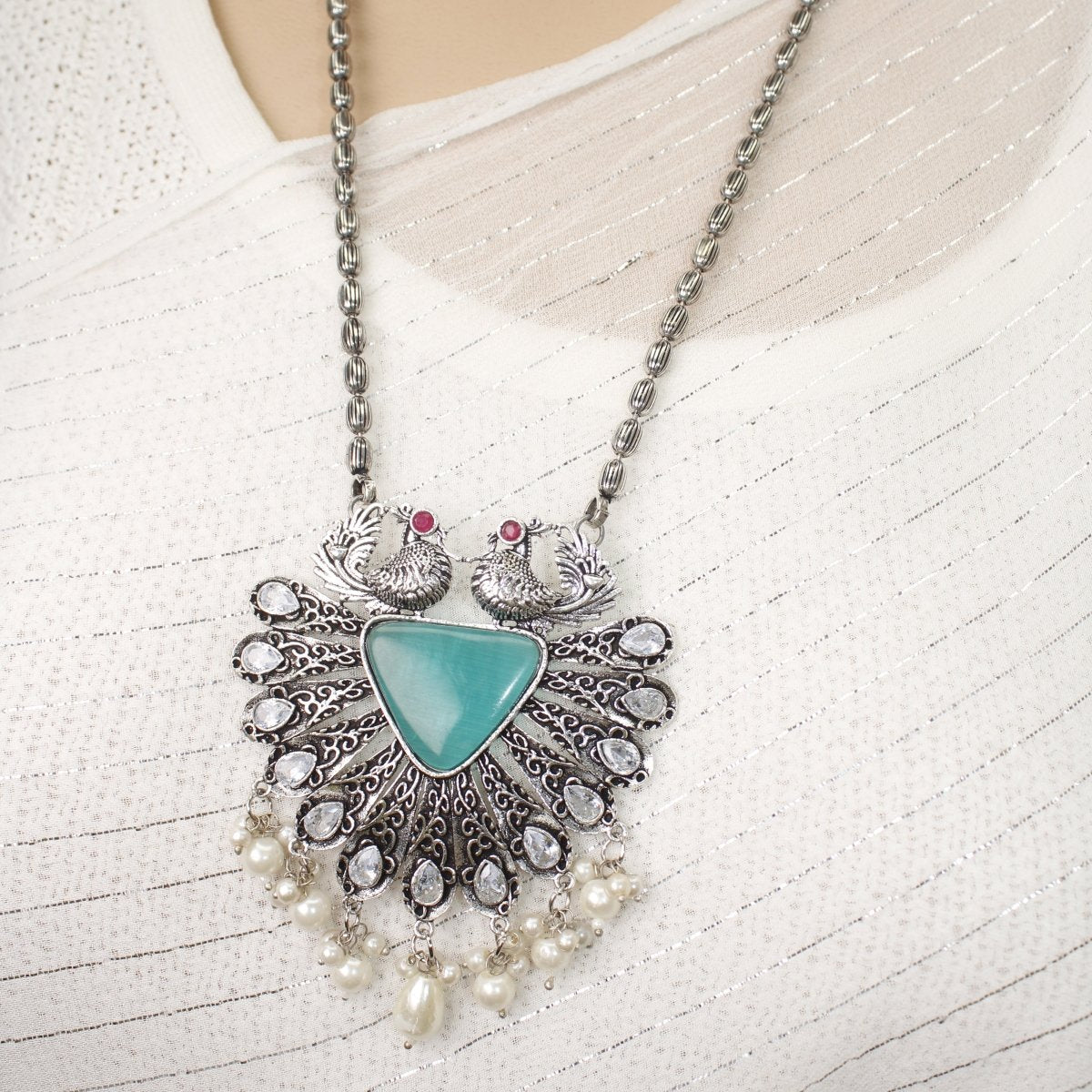 PANKH - SILVER LOOK ALIKE PENDANT SET - TURQUOISE
