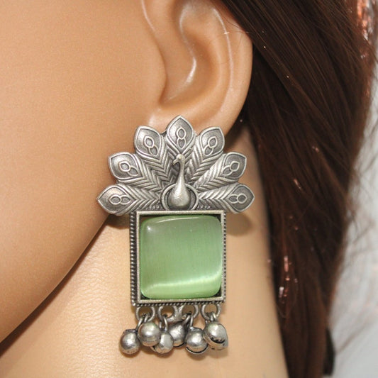 PEACKOCK PATTERN WITH SQUARE STONE & GHUNGROO STUDS - LIGHT GREEN