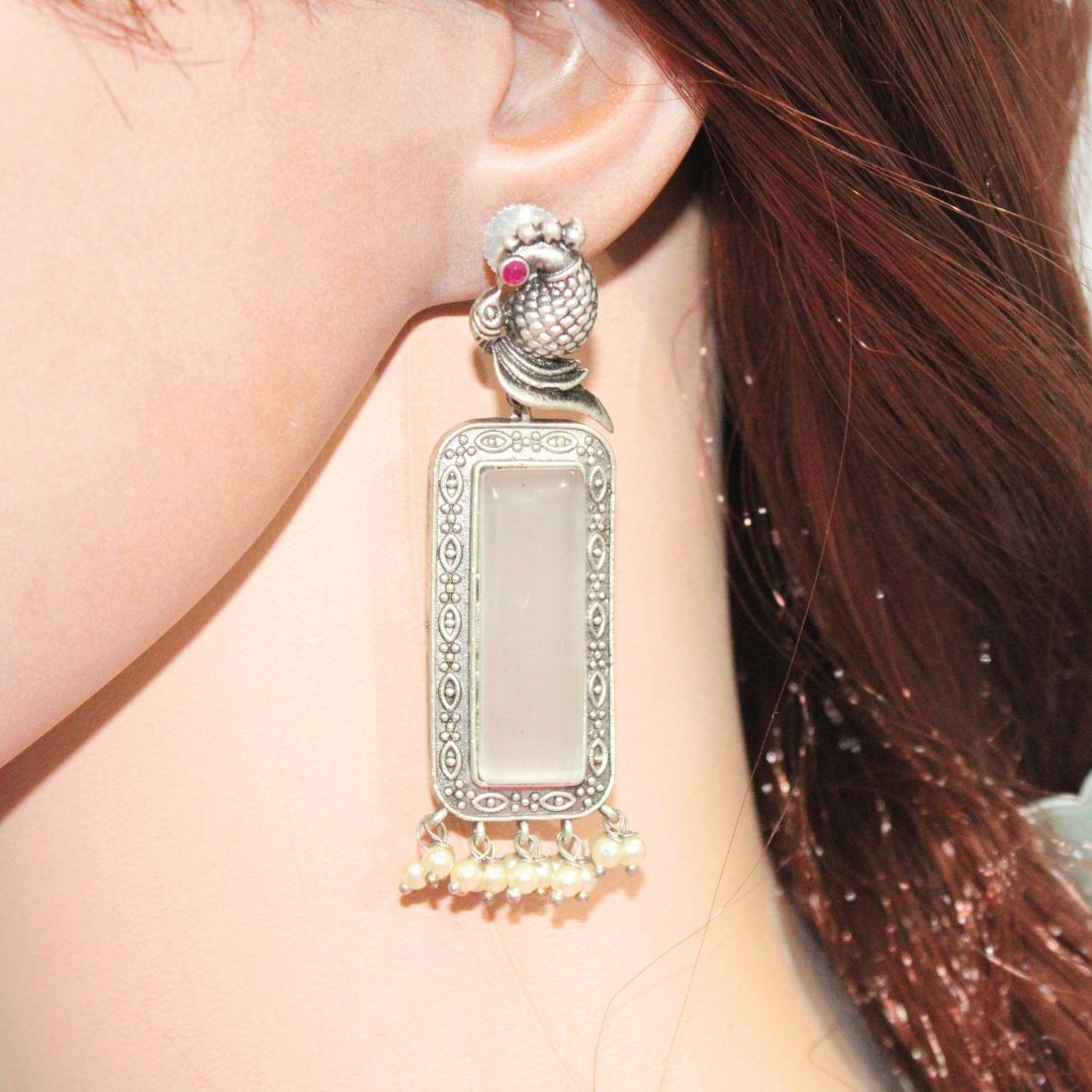 PEACOCK & BIRD PAIR EARRING WITH BIG MONALISA STONE - GREY