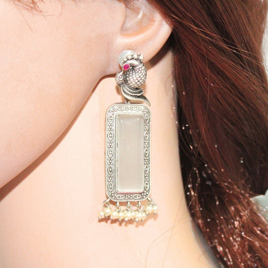 PEACOCK & BIRD PAIR EARRING WITH BIG MONALISA STONE - GREY