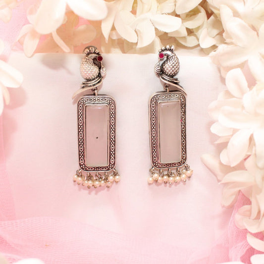 PEACOCK & BIRD PAIR EARRING WITH BIG MONALISA STONE - GREY