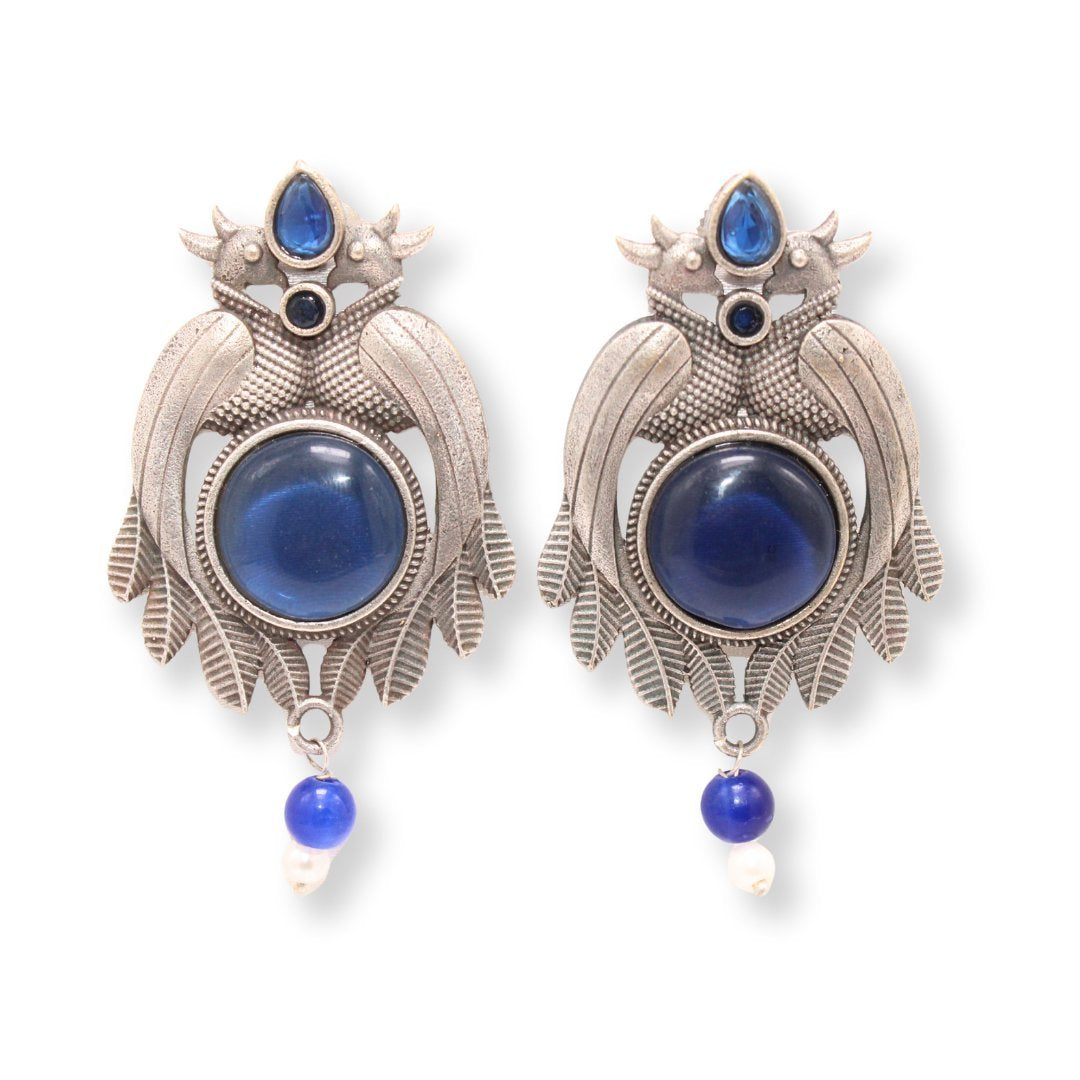 PEACOCK PAIR WITH ROUND STONE EARRING-BLUE