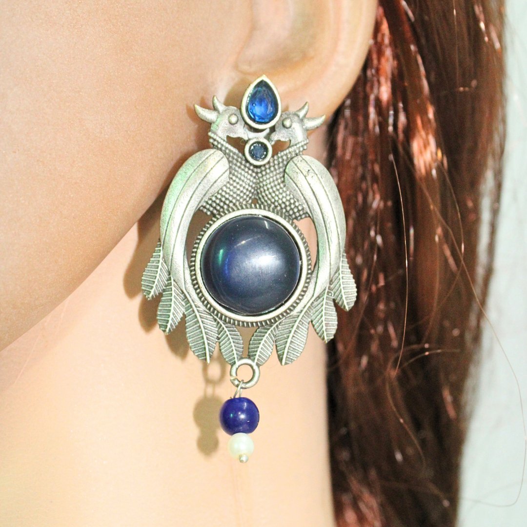PEACOCK PAIR WITH ROUND STONE EARRING - BLUE