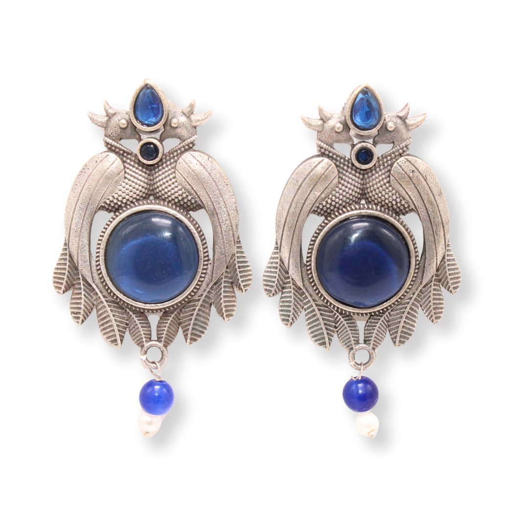 PEACOCK PAIR WITH ROUND STONE EARRING - BLUE