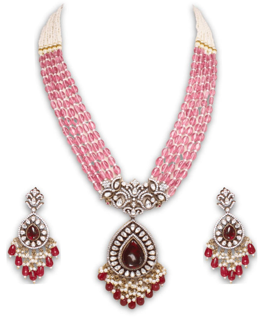 Pink beaded, moissanite & American Diamond Necklace Set