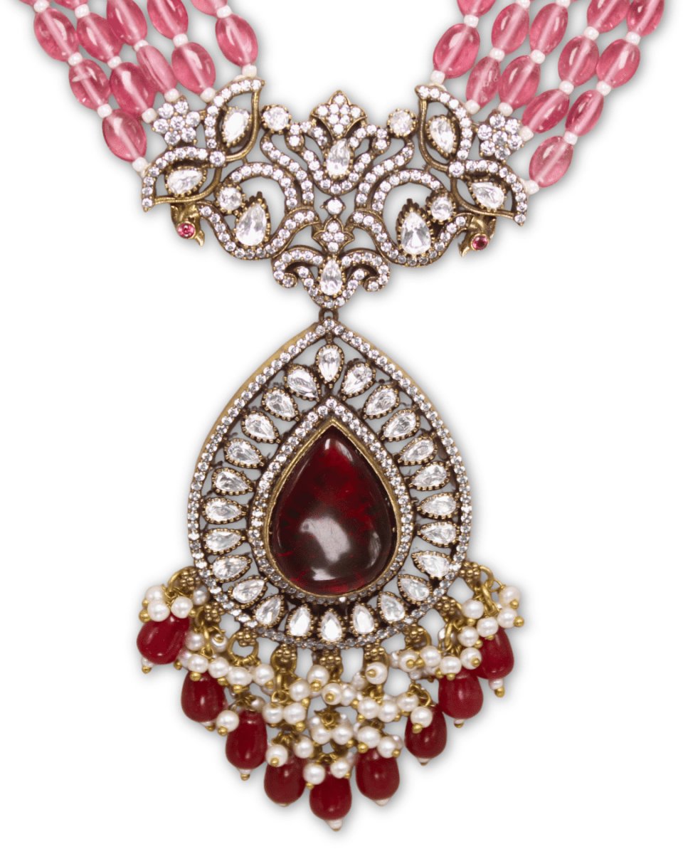 Pink beaded, moissanite & American Diamond Necklace Set