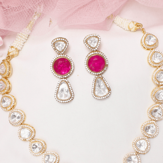 POKLI & RUBY STONE LOOK ALIKE NECKLACE SET - GOLDEN FINISH