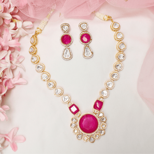 POKLI & RUBY STONE LOOK ALIKE NECKLACE SET - GOLDEN FINISH