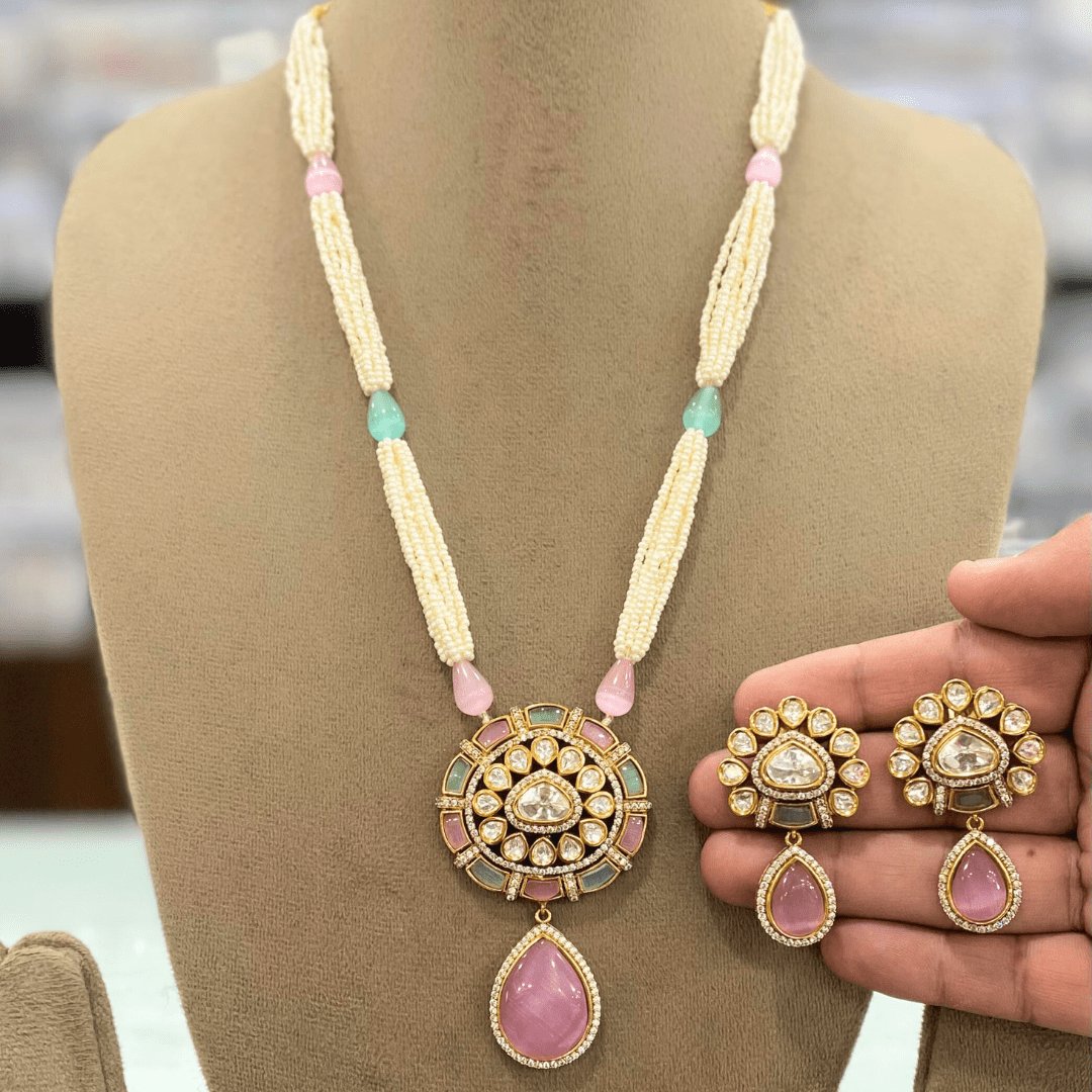 Polki and Pearl Gold Plated Necklace Set by Navraee