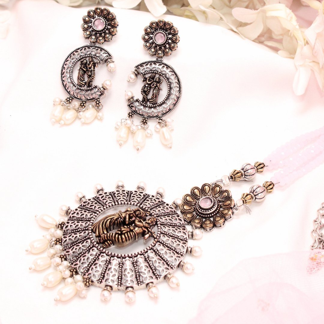 RADHA-KRISHAN DUAL-TONE PENDANT SET- PINK