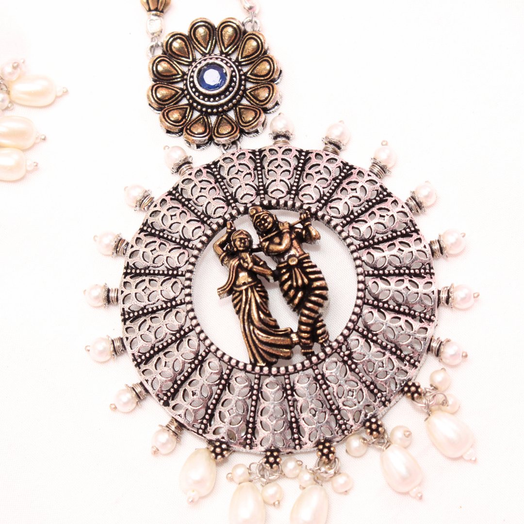 RADHA - KRISHAN DUAL - TONE PENDANT SET - BLUE