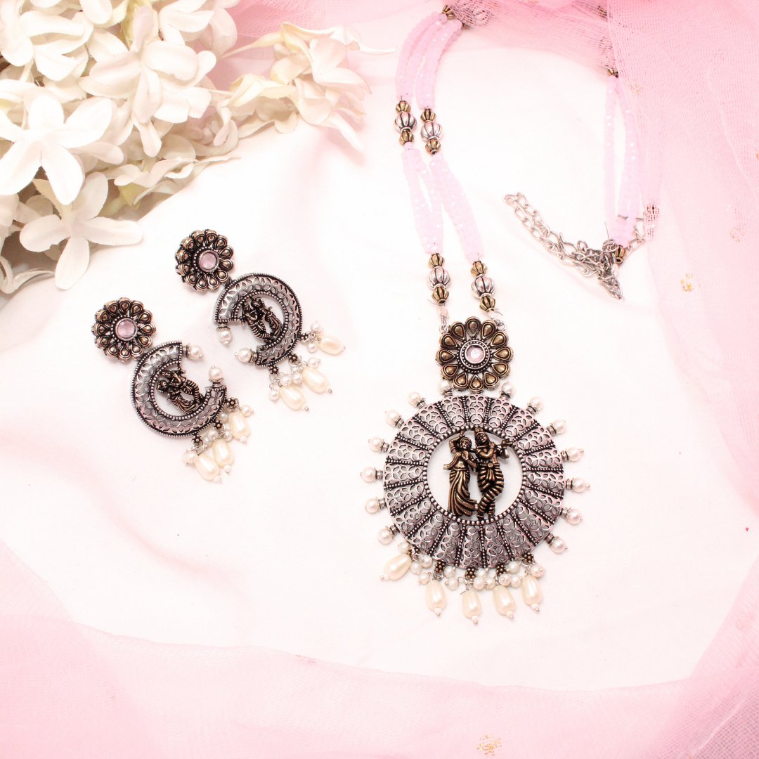 RADHA - KRISHAN DUAL - TONE PENDANT SET - PINK