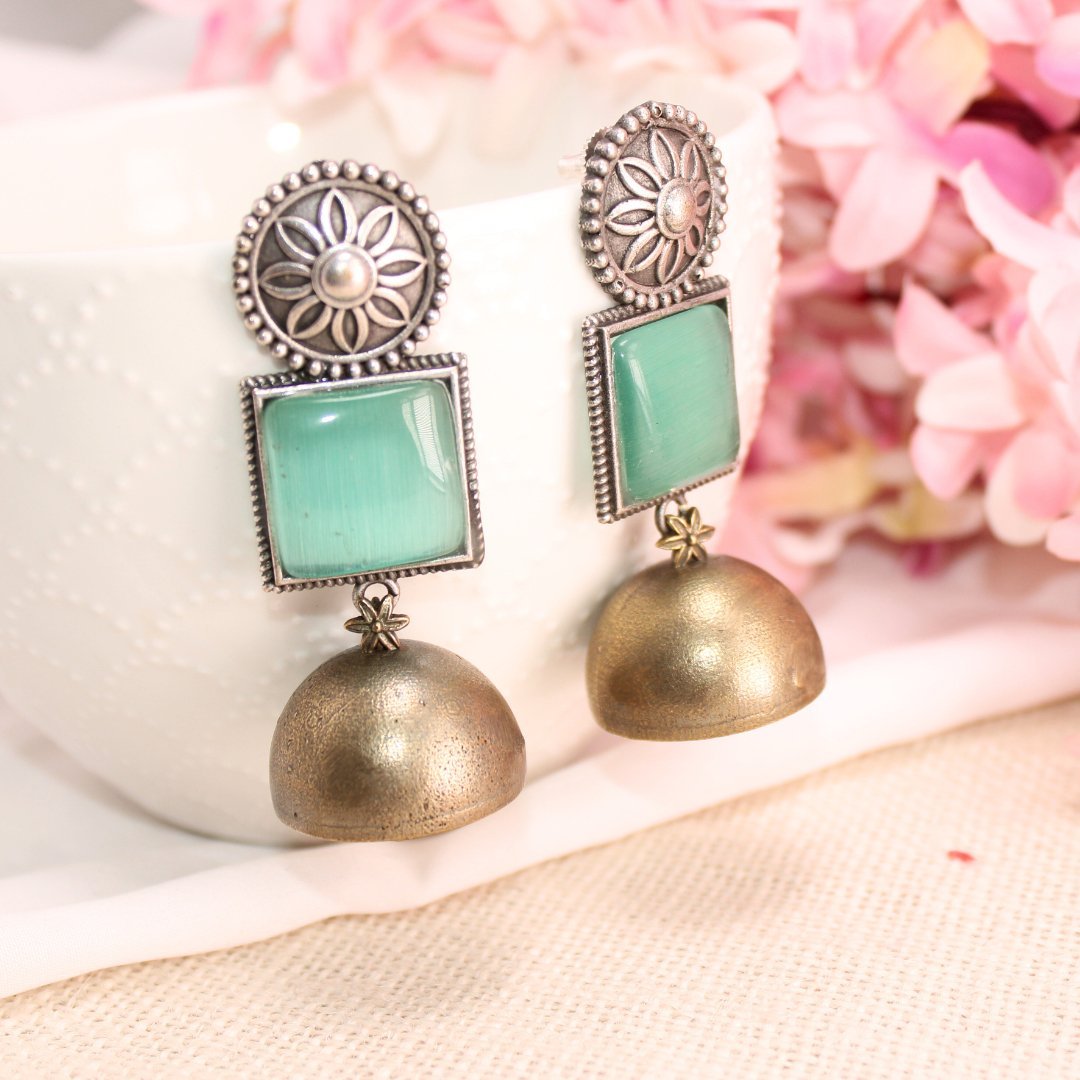 RAJPUTA MONALISA STONE DUAL - TONE JHUMKA - MINT