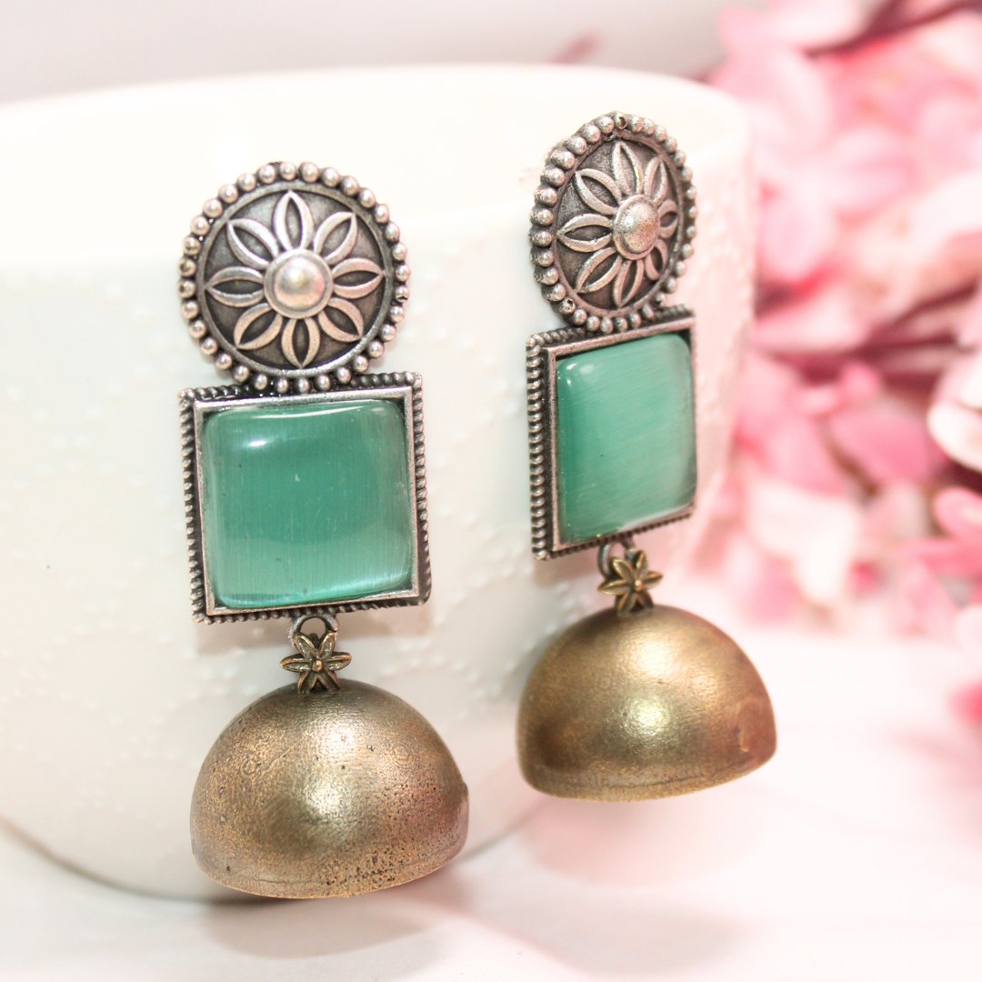 RAJPUTA MONALISA STONE DUAL - TONE JHUMKA - MINT