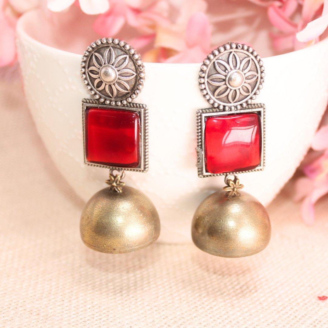 RAJPUTA MONALISA STONE DUAL - TONE JHUMKA - RED