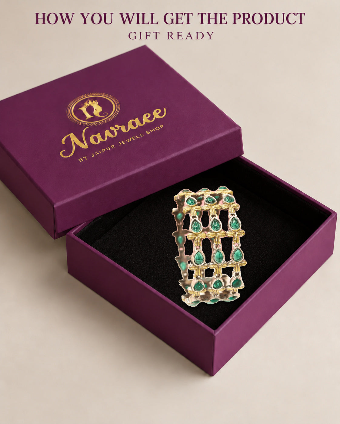 Rajputi Green Stone Kada – Non-Openable Single Bang, displayed inside the Navraee presentation box — gift ready.