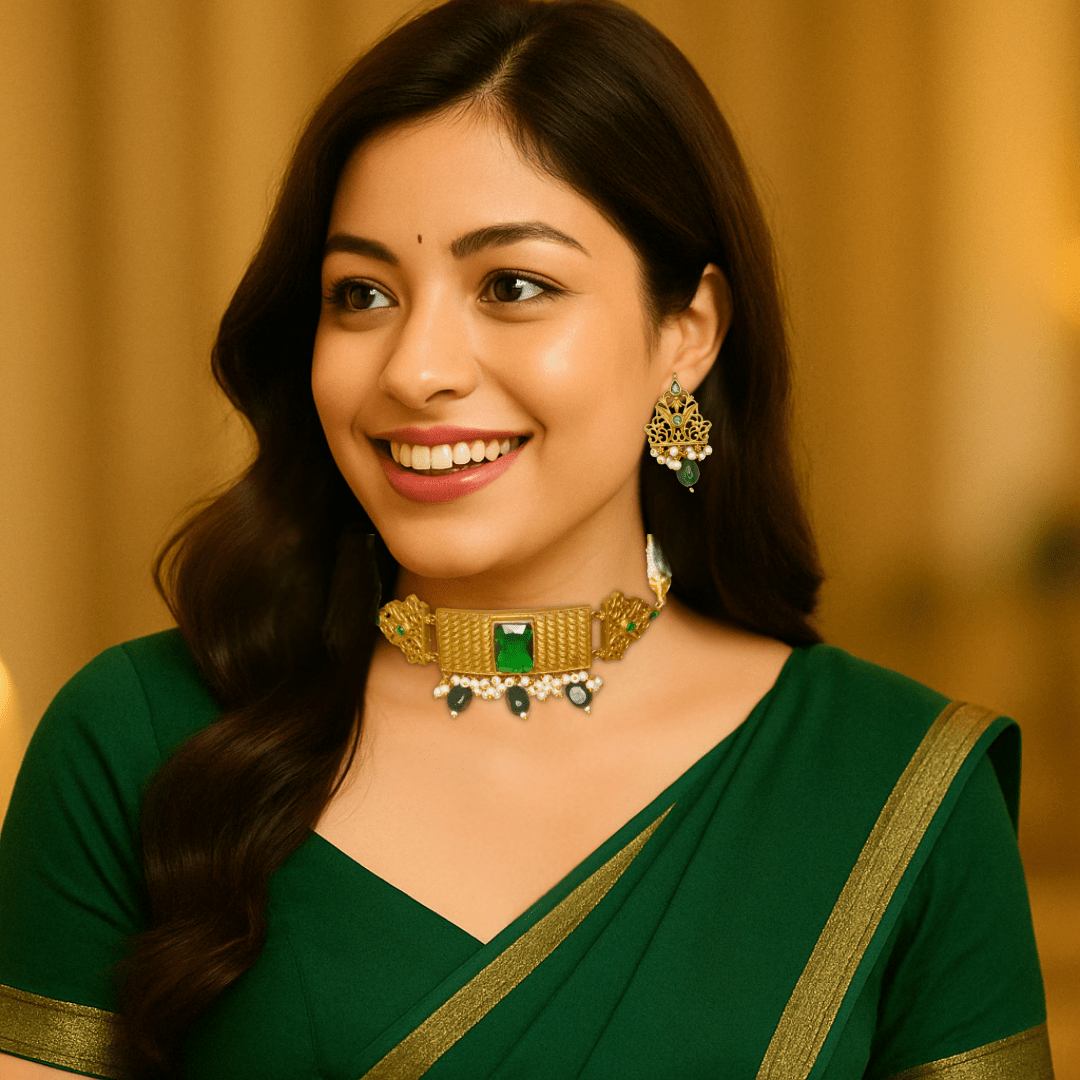 RAJWADI CHOKER WITH DOUBLET STONE - GREEN