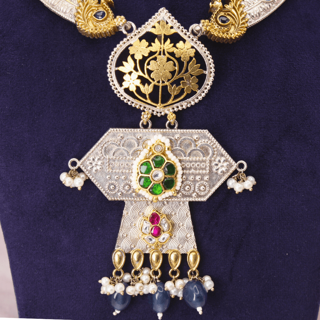 RAJWADI DUAL - TONE PACHI KUNDAN NECKLACE SET