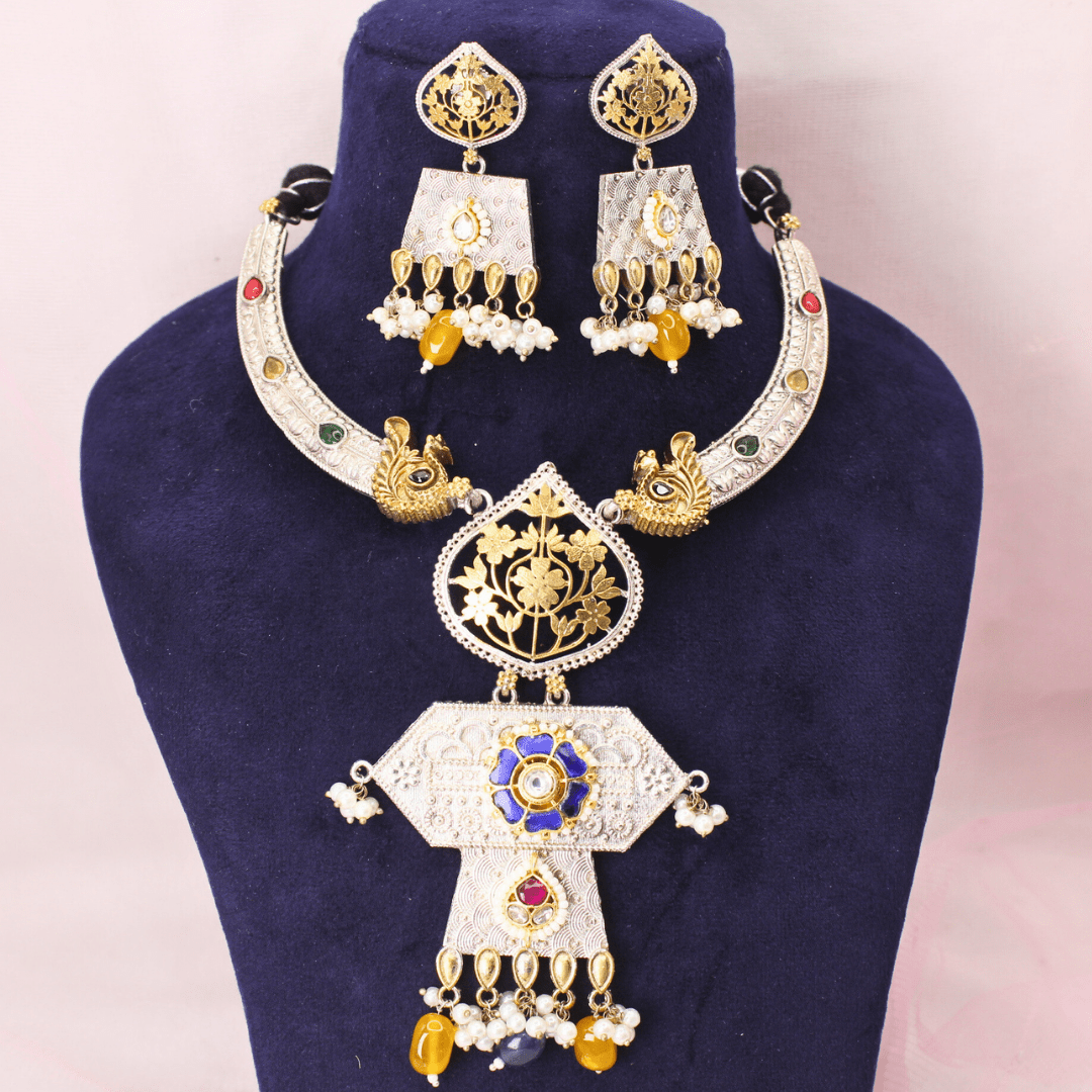 RAJWADI DUAL - TONE PACHI KUNDAN NECKLACE SET