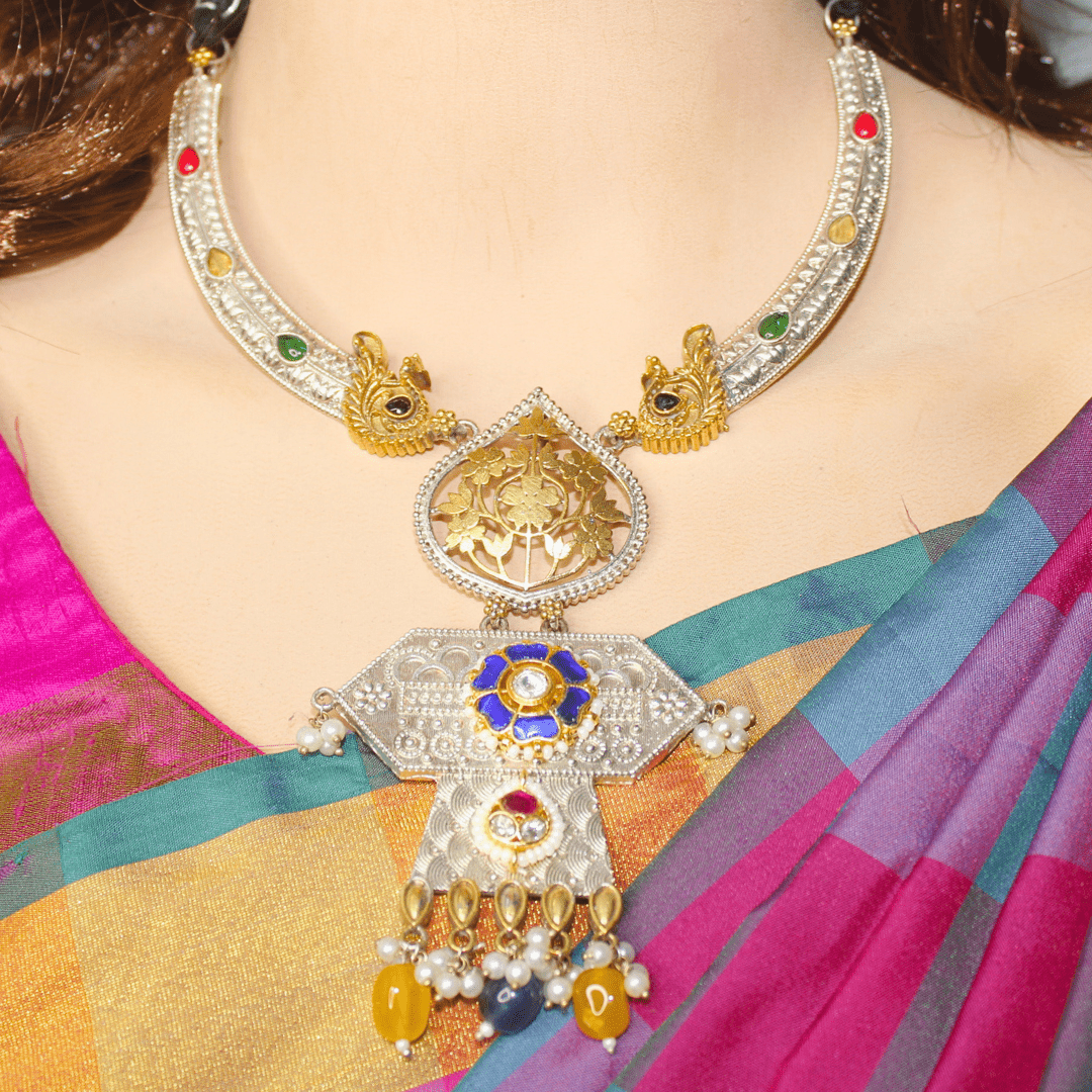 RAJWADI DUAL - TONE PACHI KUNDAN NECKLACE SET