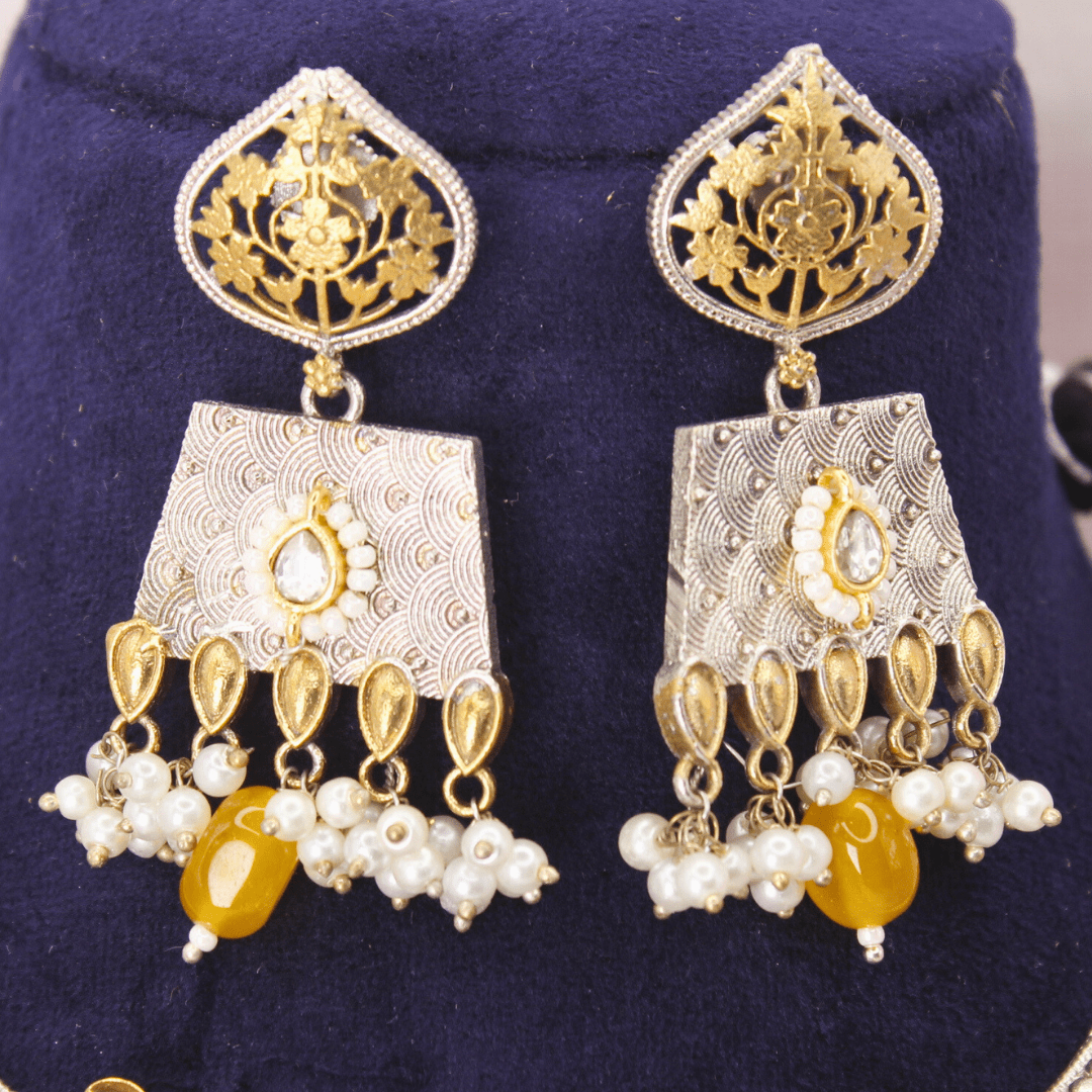 RAJWADI DUAL - TONE PACHI KUNDAN NECKLACE SET