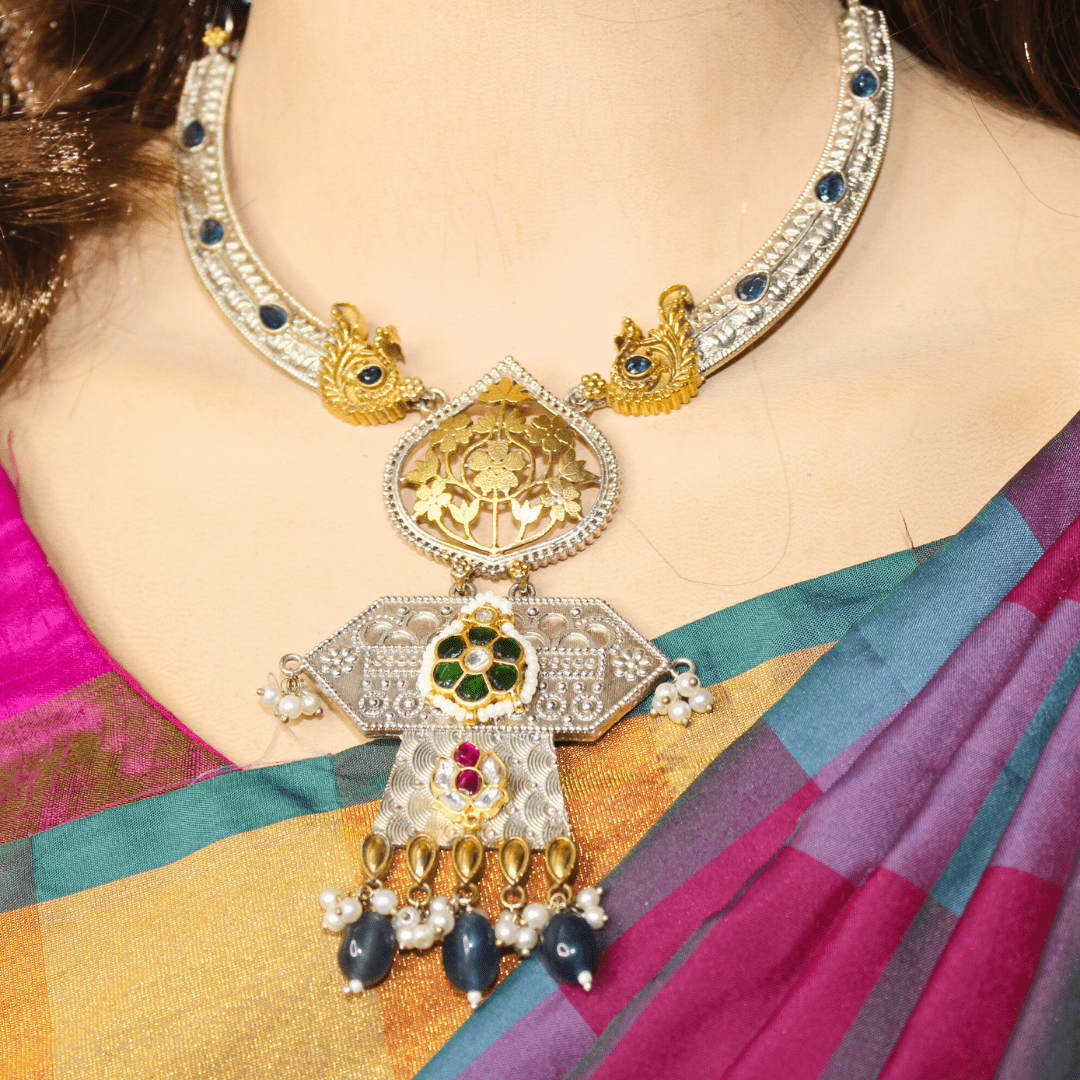 RAJWADI DUAL - TONE PACHI KUNDAN NECKLACE SET