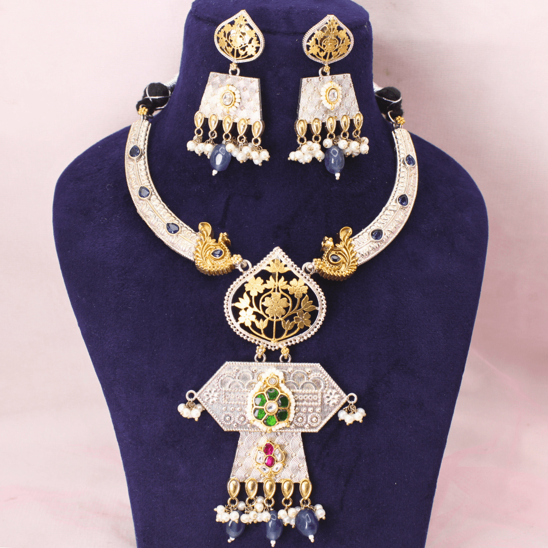 RAJWADI DUAL - TONE PACHI KUNDAN NECKLACE SET