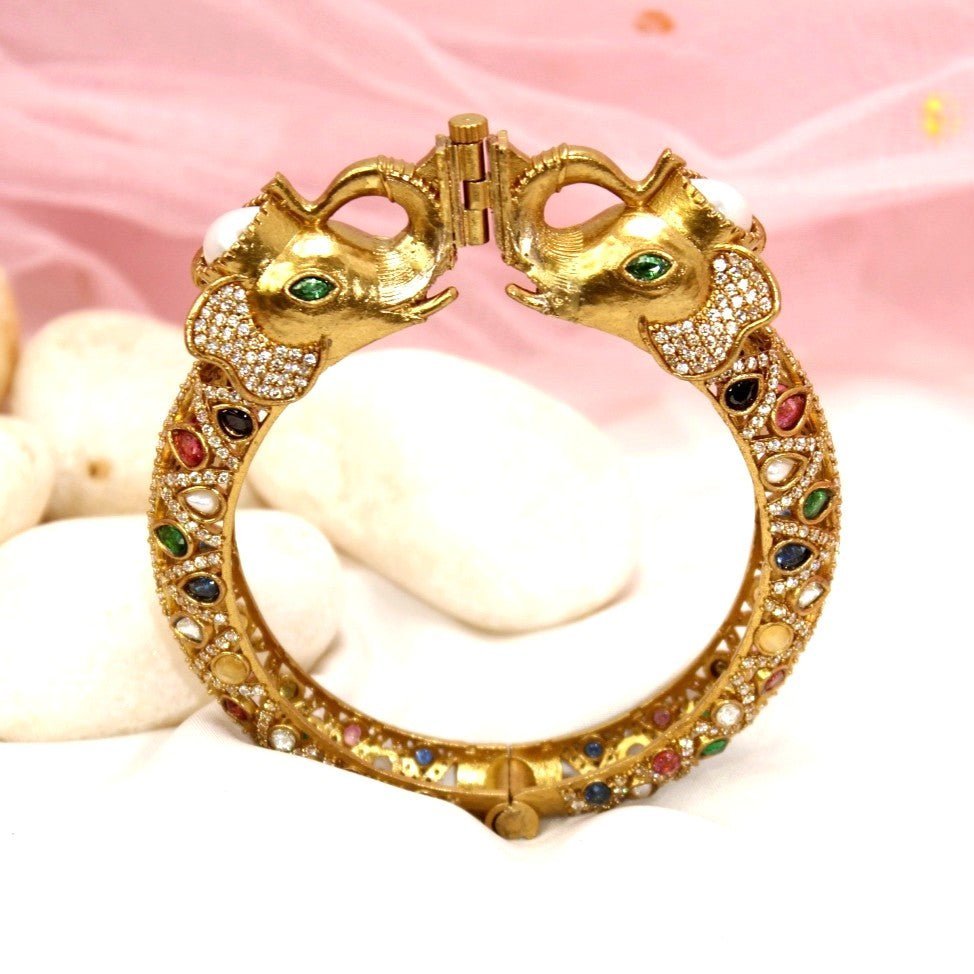 Rajwadi Elephant - Head Navratna Kada – Antique Gold Finish Statement Ka