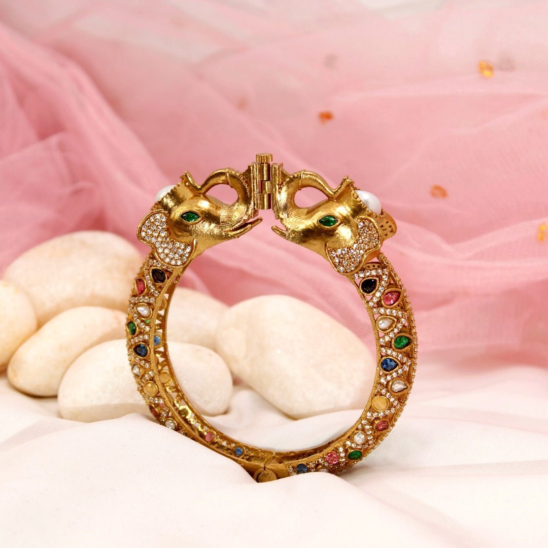 Rajwadi Elephant - Head Navratna Kada – Antique Gold Finish Statement Ka