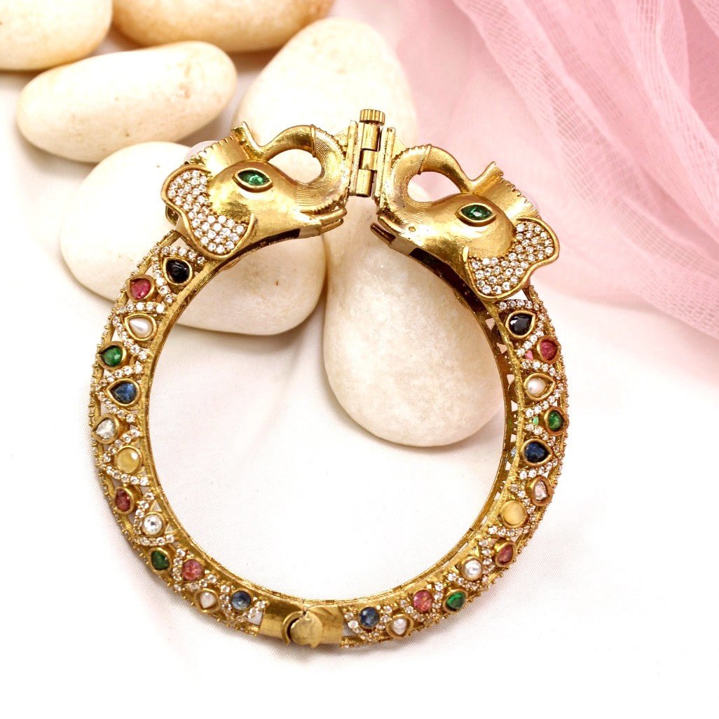 Rajwadi Elephant - Head Navratna Kada – Antique Gold Finish Statement Ka