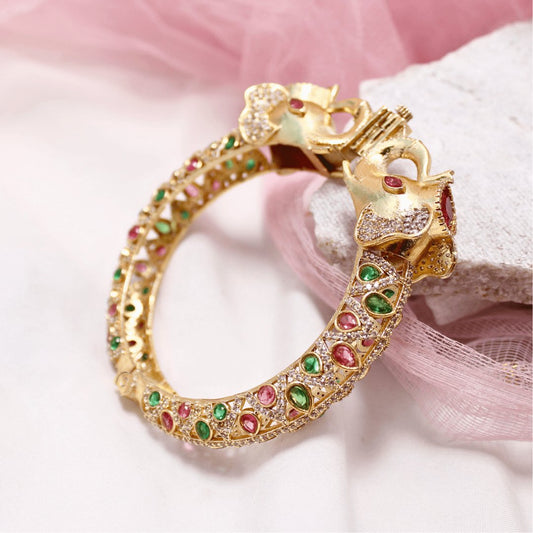 Rajwadi Emerald & Ruby Stone Elephant Kada – Antique Gold Finish Statement Kada