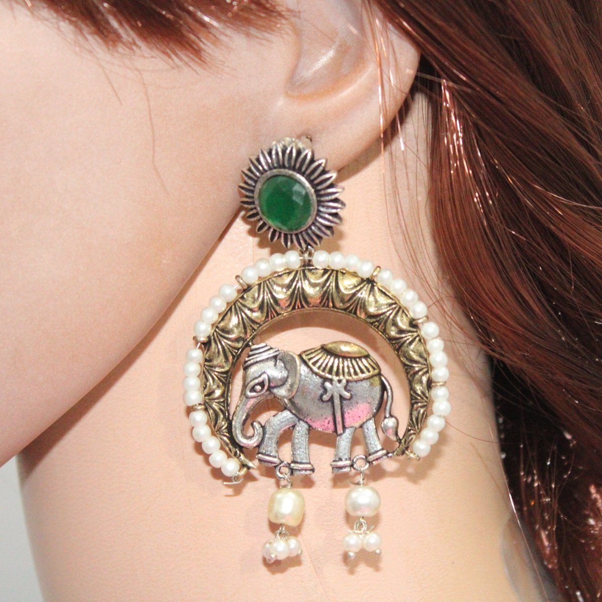 RAJWADI GAJ DUAL - TONE EARRING - GREEN
