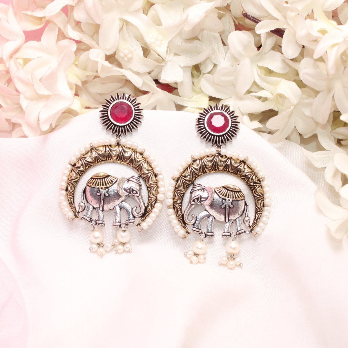RAJWADI GAJ DUAL - TONE EARRING - RED