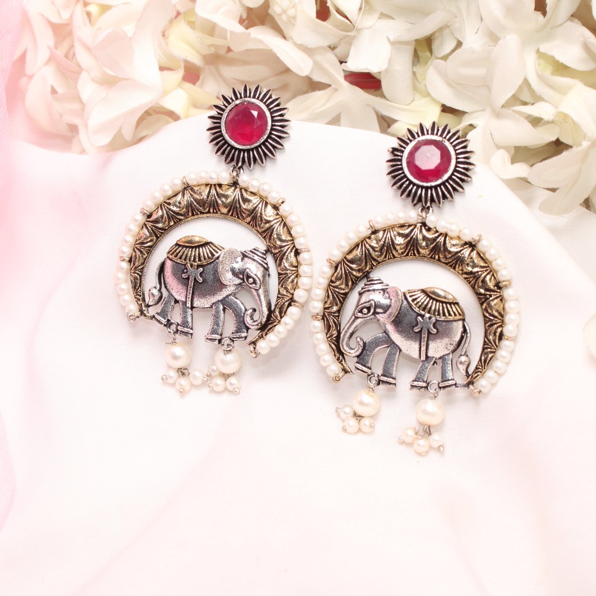 RAJWADI GAJ DUAL - TONE EARRING - RED