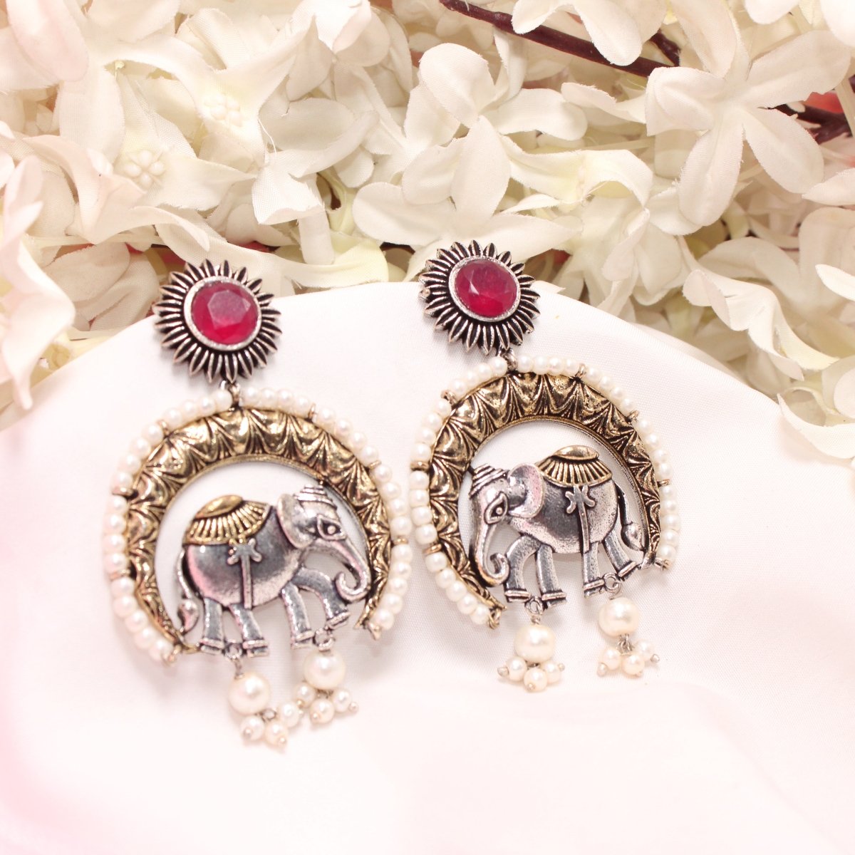 RAJWADI GAJ DUAL - TONE EARRING - RED