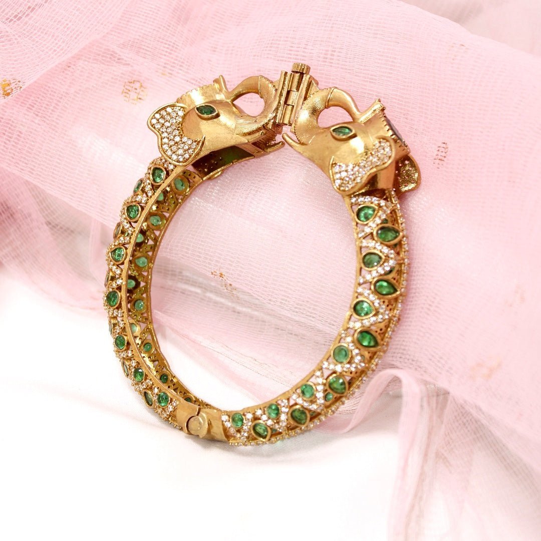Rajwadi Green Stone Elephant Kada – Antique Gold Finish Statement Ka