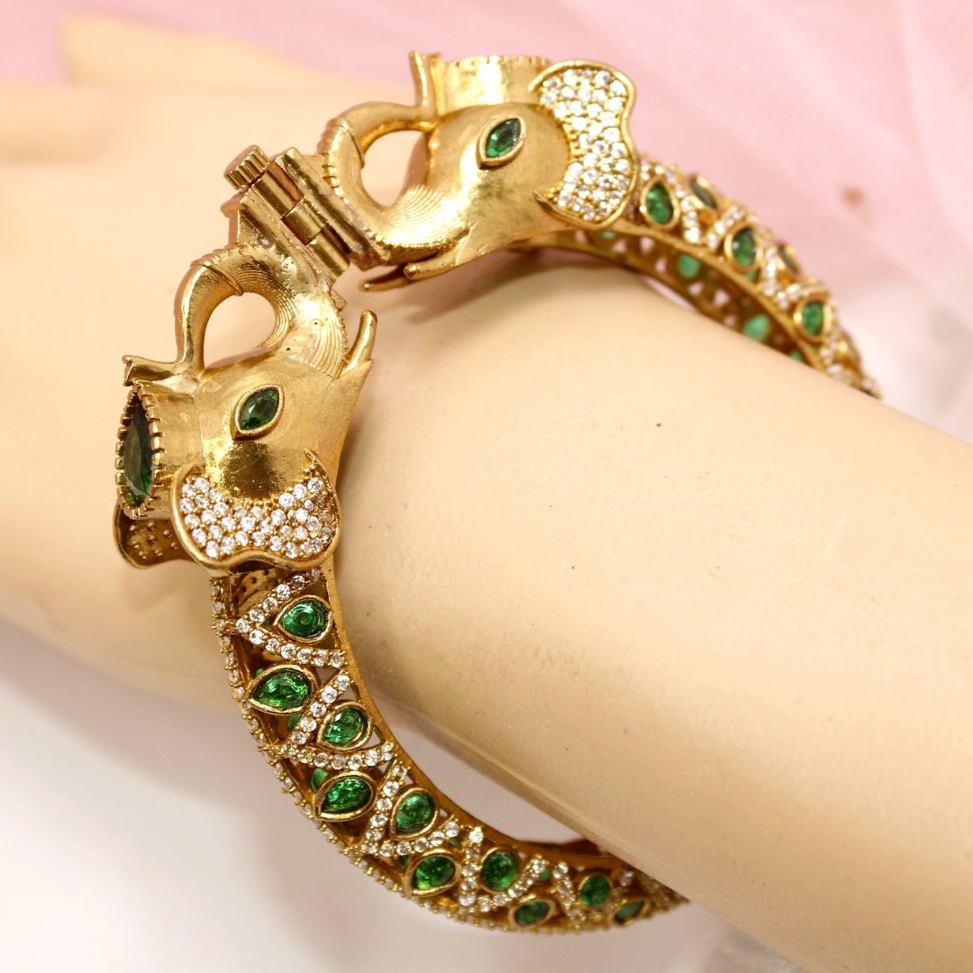 Rajwadi Green Stone Elephant Kada – Antique Gold Finish Statement Ka