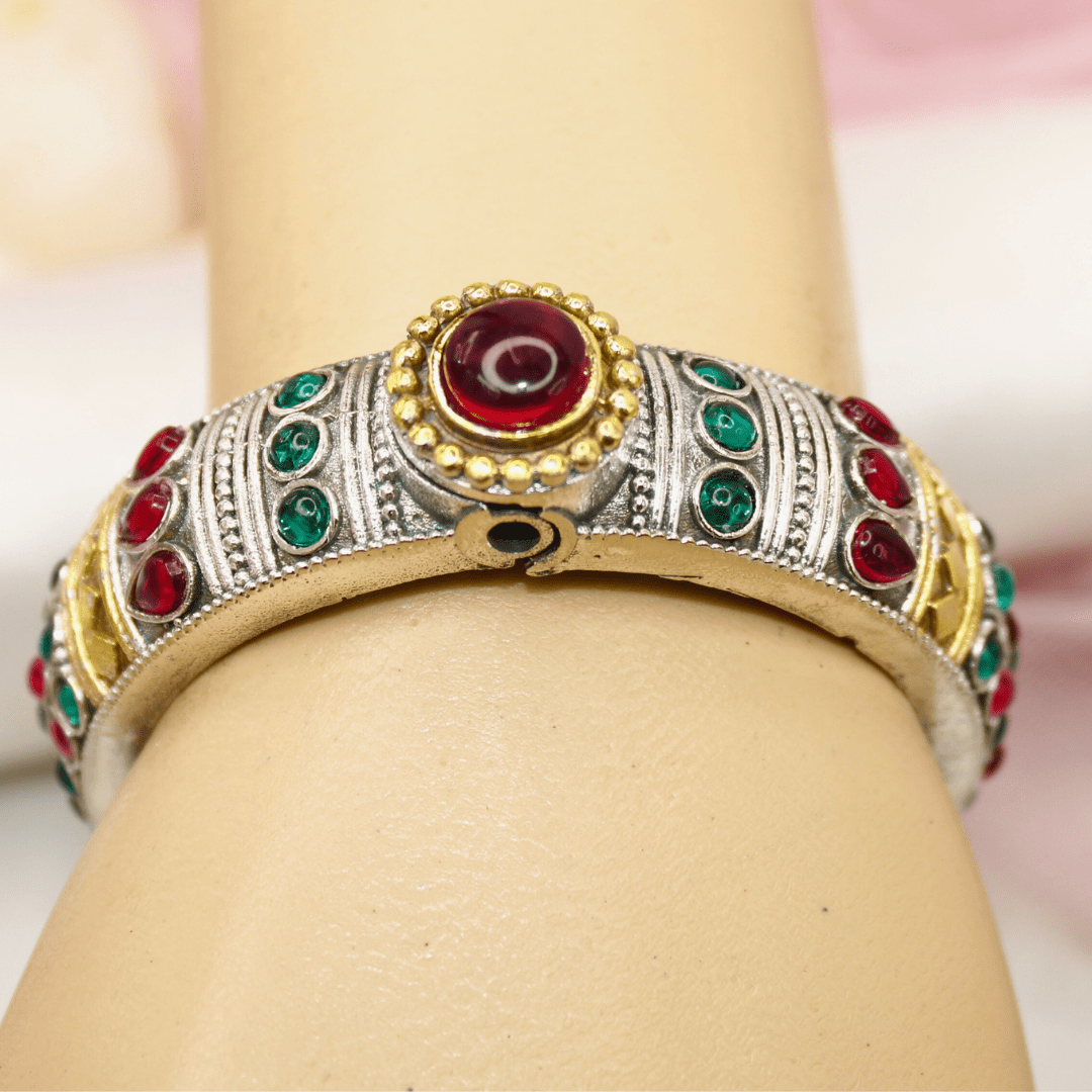 Rajwadi Kada – Vintage Heritage Kada with Traditional Red - Green Ston