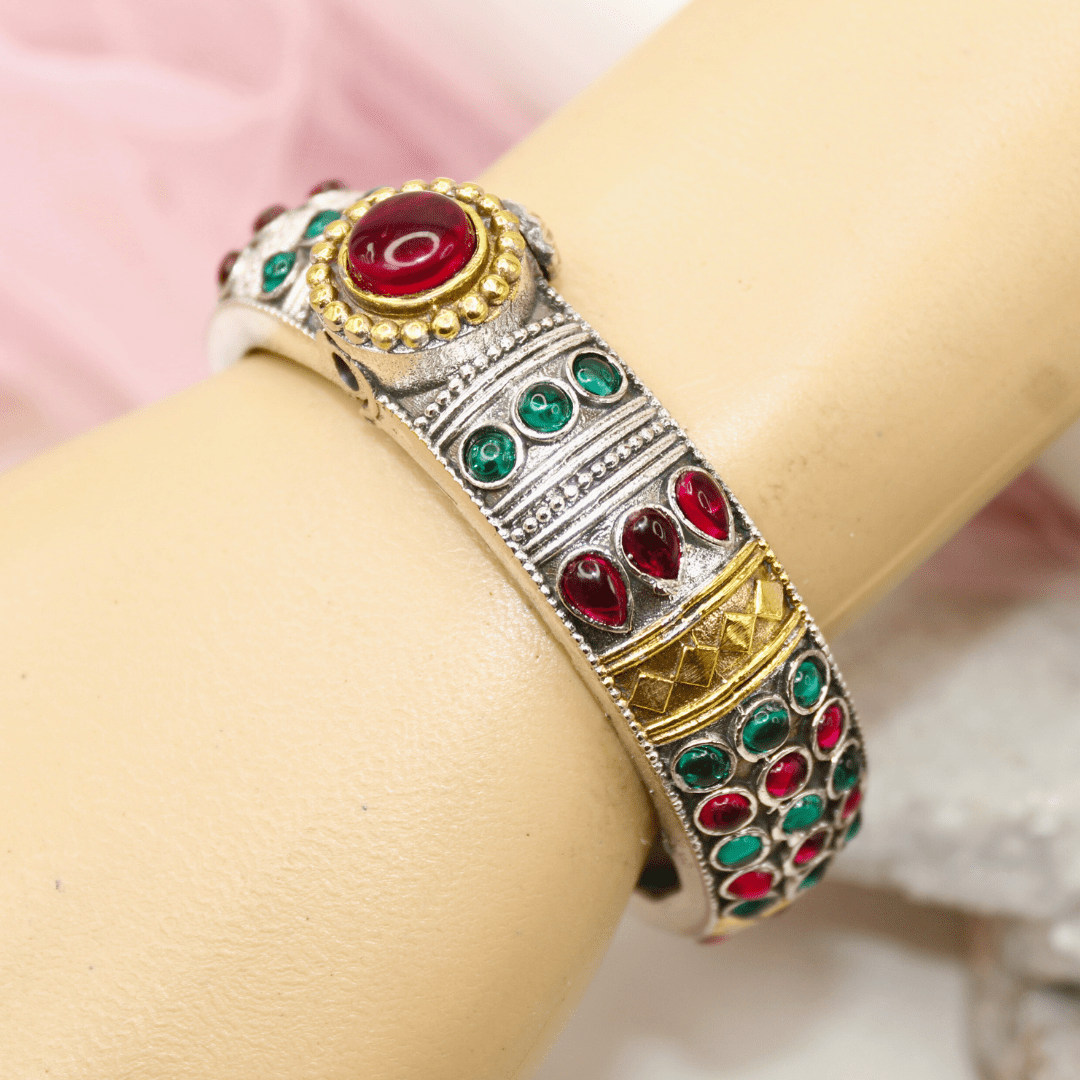 Rajwadi Kada – Vintage Heritage Kada with Traditional Red - Green Ston