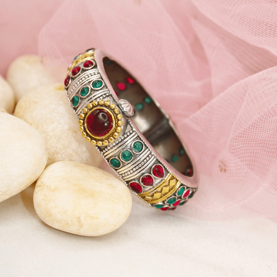 Rajwadi Kada – Vintage Heritage Kada with Traditional Red - Green Ston