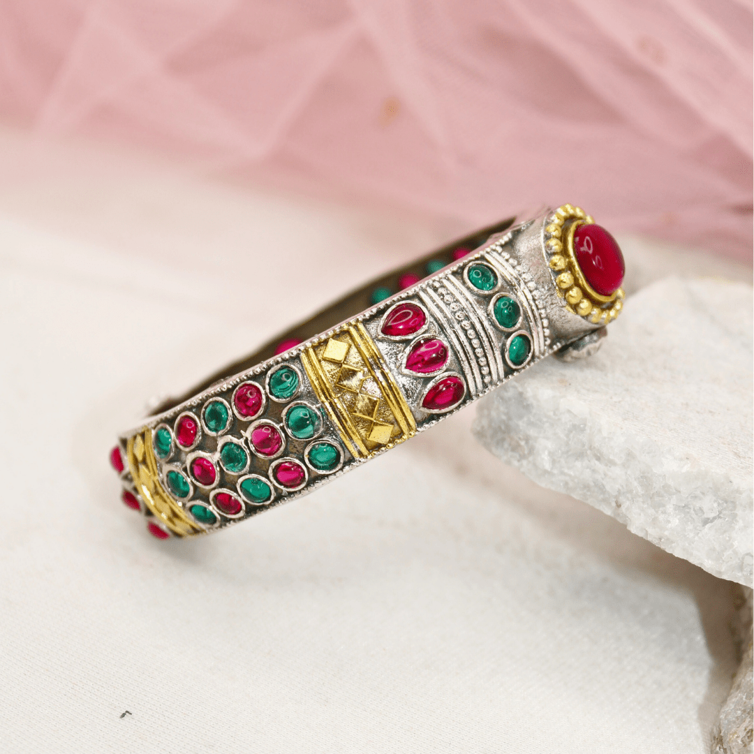 Rajwadi Kada – Vintage Heritage Kada with Traditional Red - Green Ston
