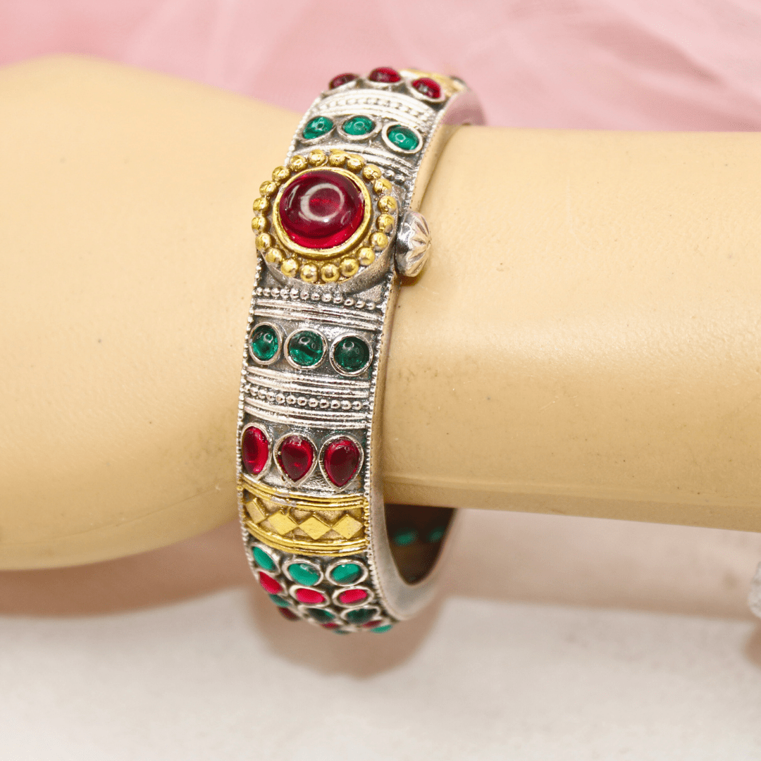 Rajwadi Kada – Vintage Heritage Kada with Traditional Red - Green Ston