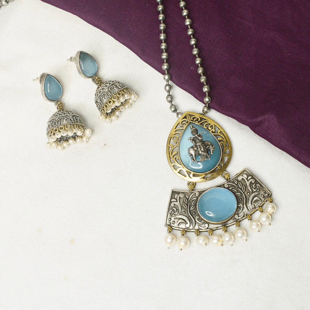 RAJWADI KRISHNA COW MOTIF PENDANT SET – SKY BLUE OXIDISED TEMPLE JEWEL