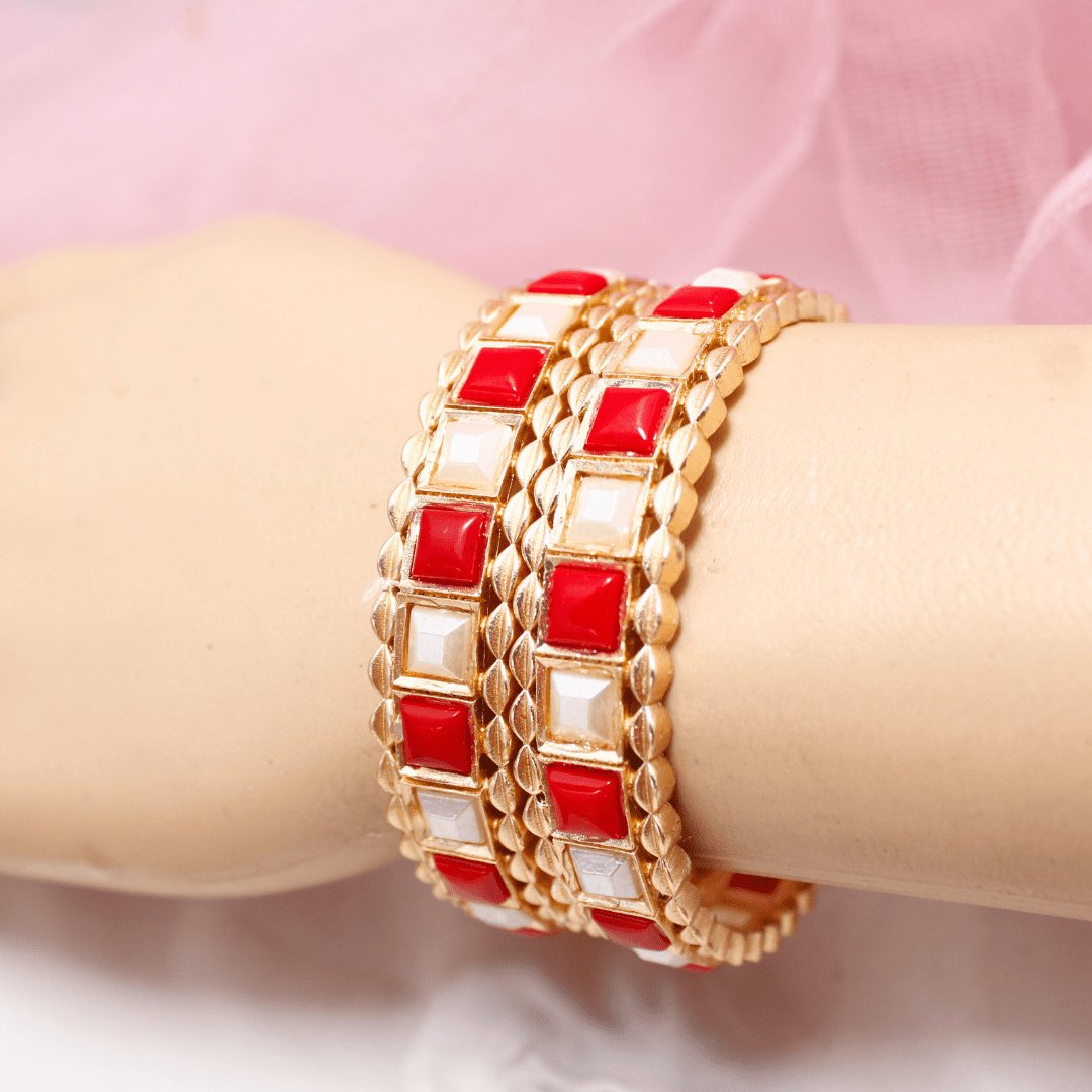 Rajwadi Square Coral Red & White Stone Bangles Set of 2