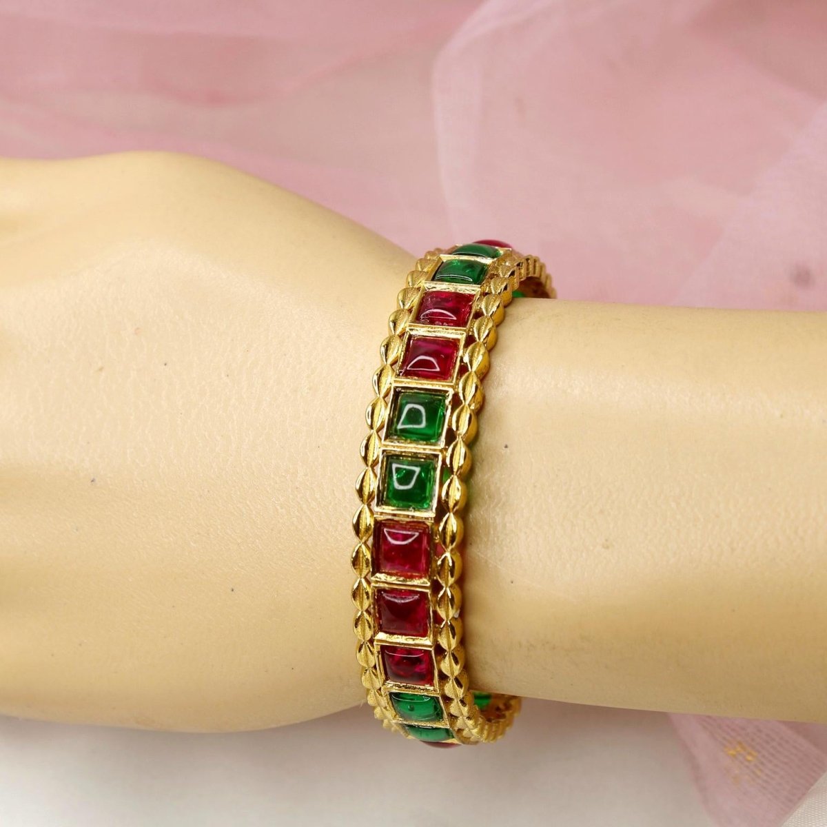 Rajwadi Square - Stone Kada Emerald Green & Ruby Red