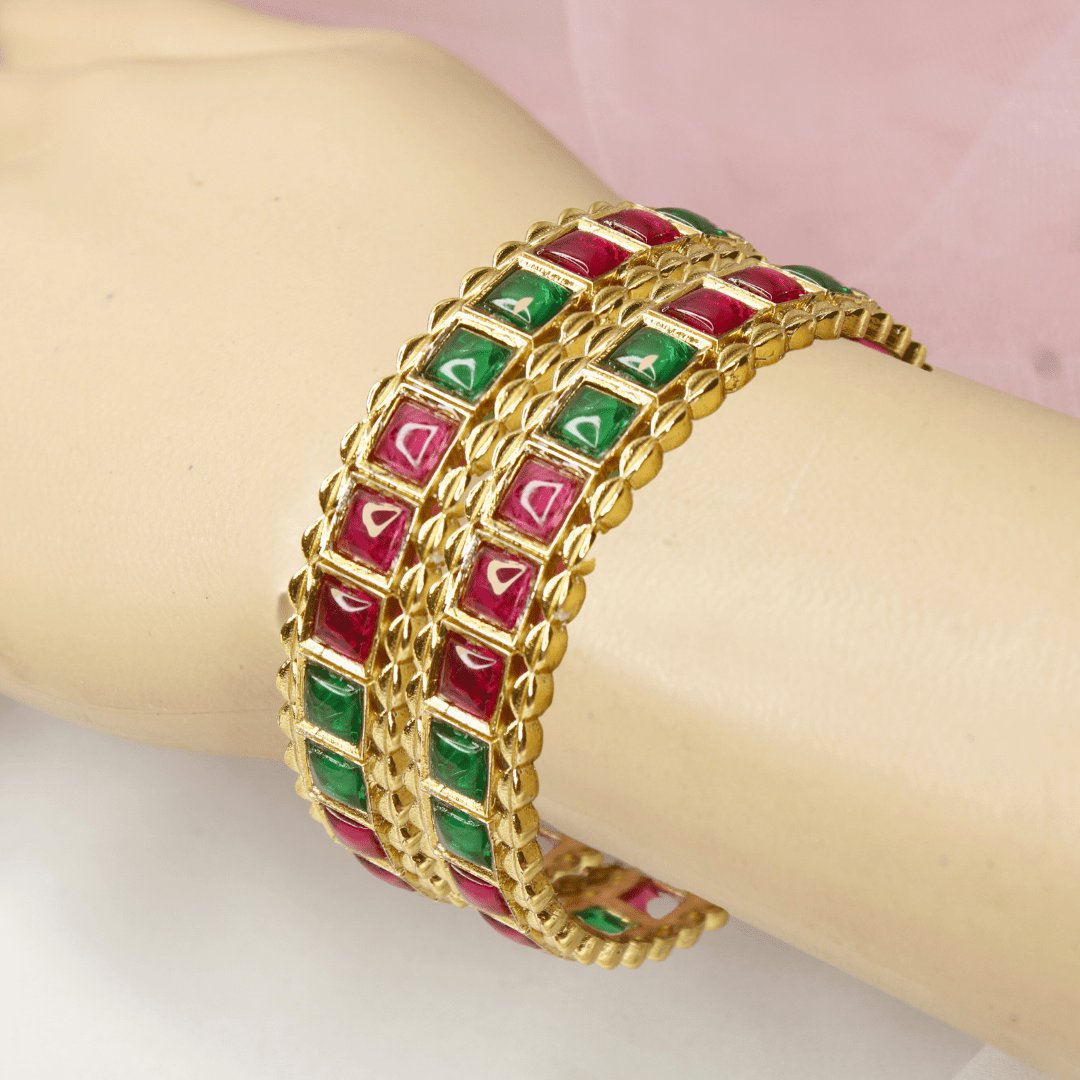 Rajwadi Square-Stone Kada Emerald Green & Ruby Red