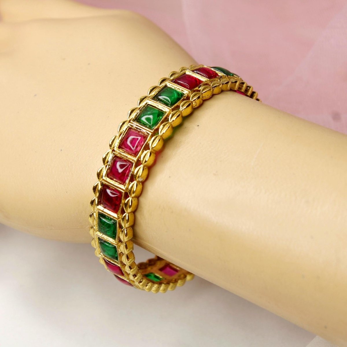 Rajwadi Square - Stone Kada Emerald Green & Ruby Red