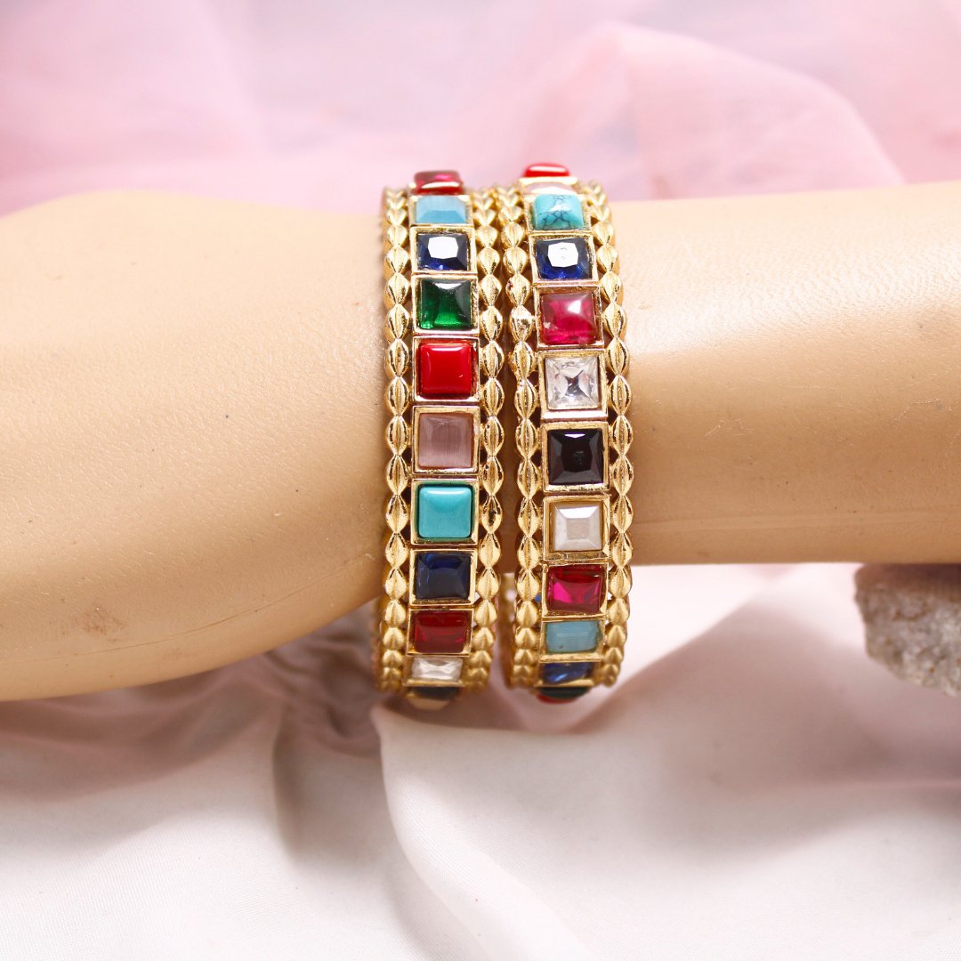 Rajwadi Square Stone Navratan Bangles Set of 2 – Gold Plated Multi-Stone Traditional Bangles