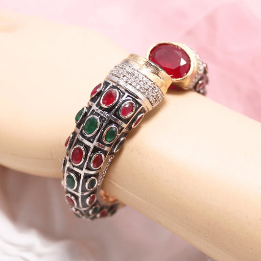 Rajwadi Stone & Meenakari Kada – Gold Plated Green & Red Openable Bangle