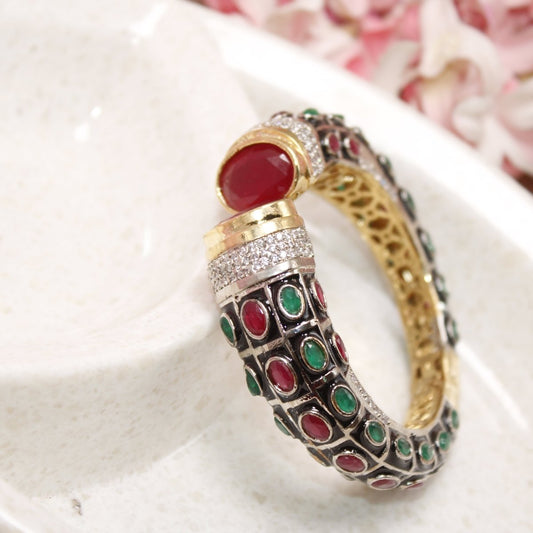RAJWADI STONE & MEENAKARI KADA GOLD PLATED - RED & GREEN